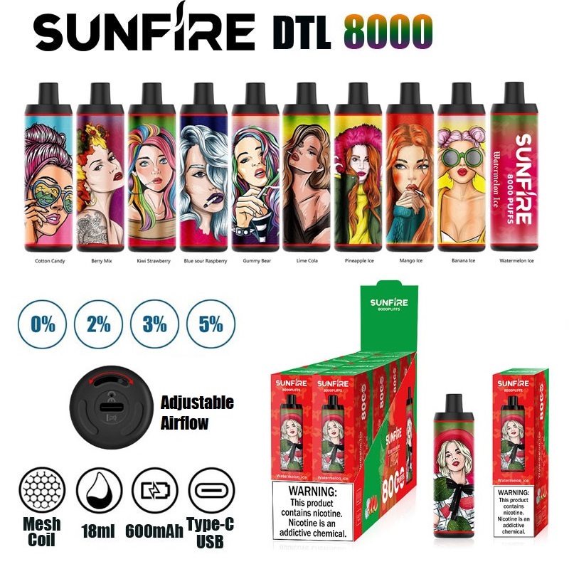 

Original Sunfire 8000 Puffs DTL Disposable Vape 18ml Prefilled 600mAh USB Recharge Adjustable Airflow Electronic Cigarette Device 20mg 30mg 50mg by Aierbota