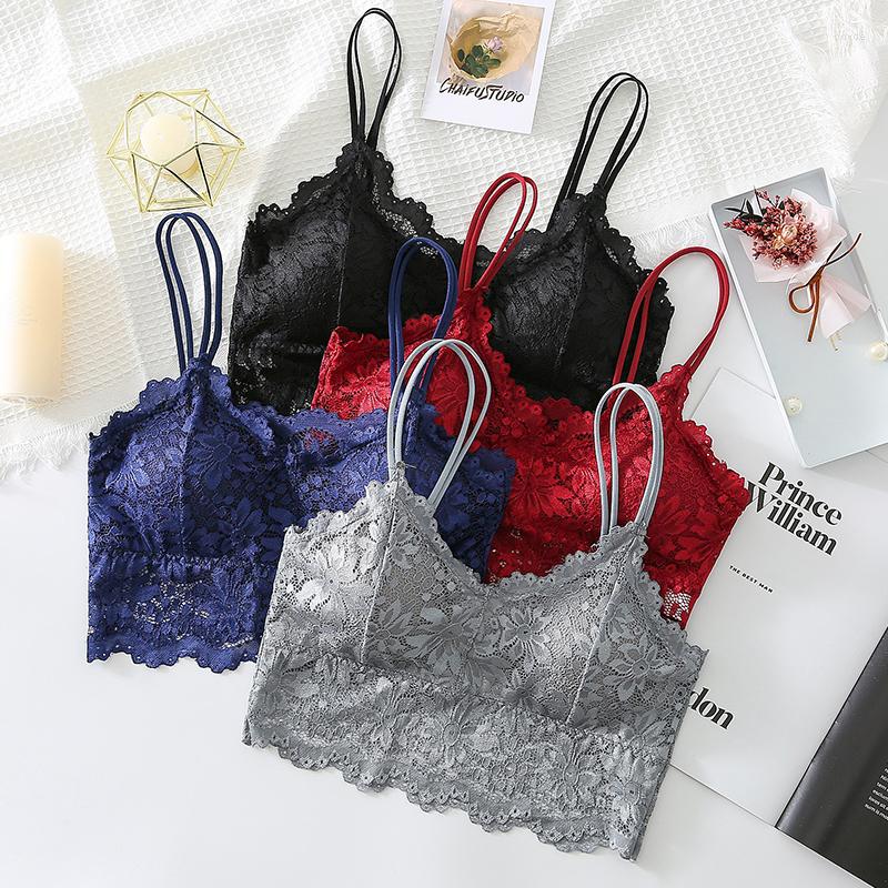 

Bras Women Lace Top Comfortable Bralette Solid Color Sexy Underwear Vest Female Hollow Out Wireless Lingerie Seamless Bra, Gray bra