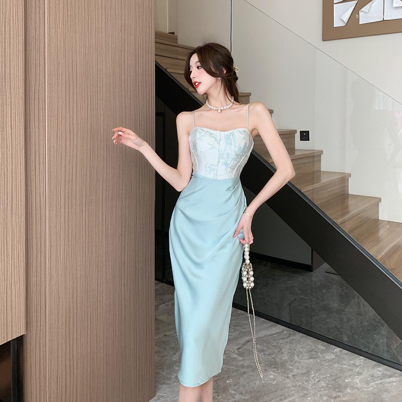 

Casual Dresses Sexy Green Jacquard Stitching Backless Spaghetti Strap Pencil Long 2023 Summer Fashion Slim Bodycon Party Dress, Cyan