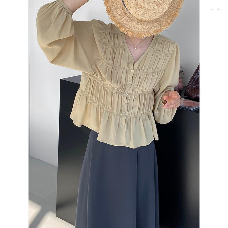 

Women' Blouses Korobov Temperament Gentle V-neck Shirts Chiffon Fold Design Ruffled Edge Top Lantern Sleeve Korean Fashion Camisas, Pink