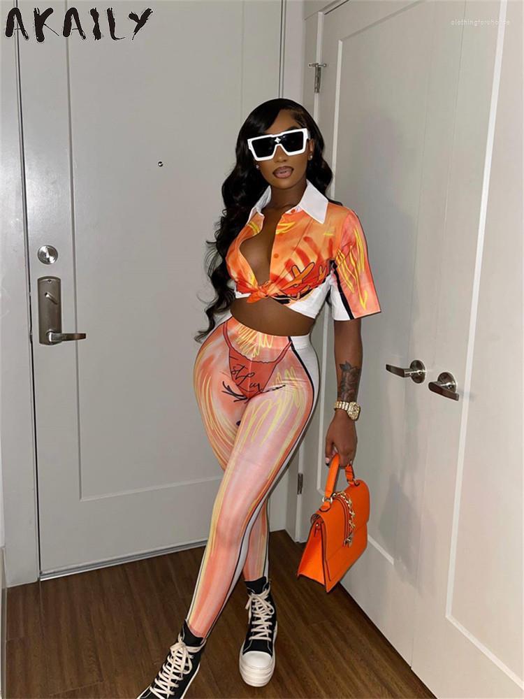 

Women' Two Piece Pants Akaily Summer Print Women 2 Pieces Sets Party Outfits 2023 Short Sleeve Bandage Crop Top And See Through Ladies, Green