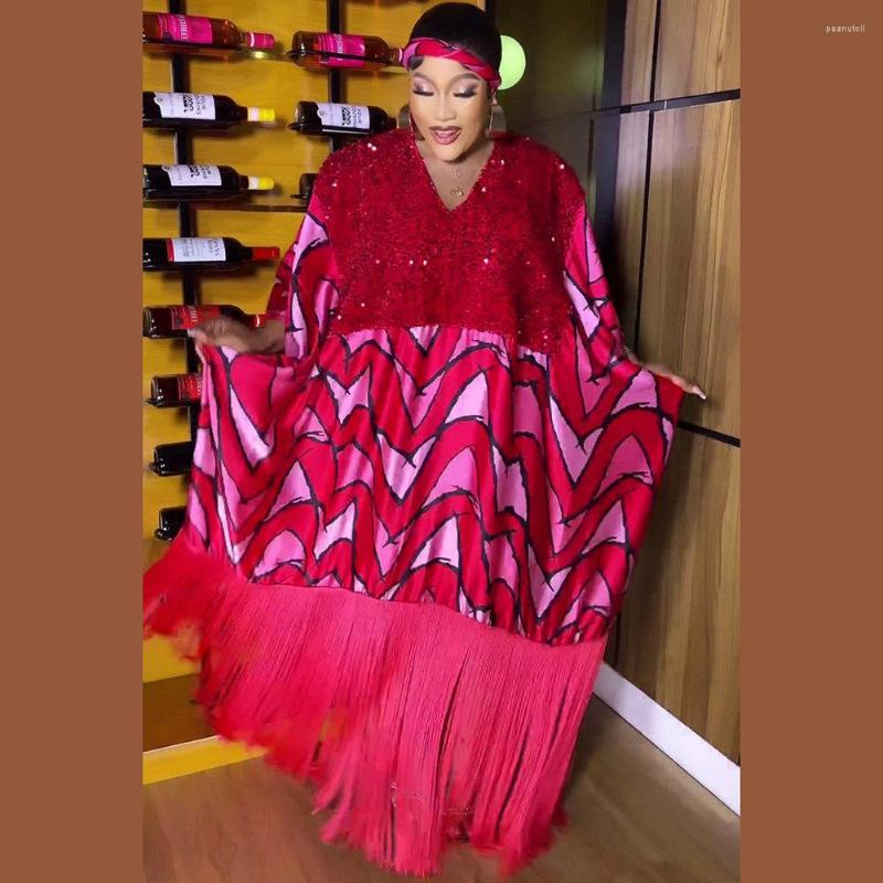 

Ethnic Clothing Plus Size Red African Sequin Tassel Dress For Women With Headtie Dashiki Kaftan Robe Elegant Lady Wedding Eveing Party