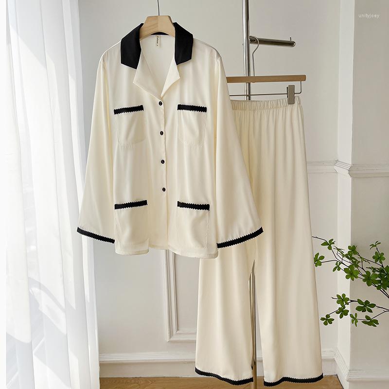 

Women's Sleepwear Spring Sexy Ice Silk Long Sleeve Shirt Pants Women Black White Patchwork Satin Pajama Two-Piece Homewear Nightwear, 2399