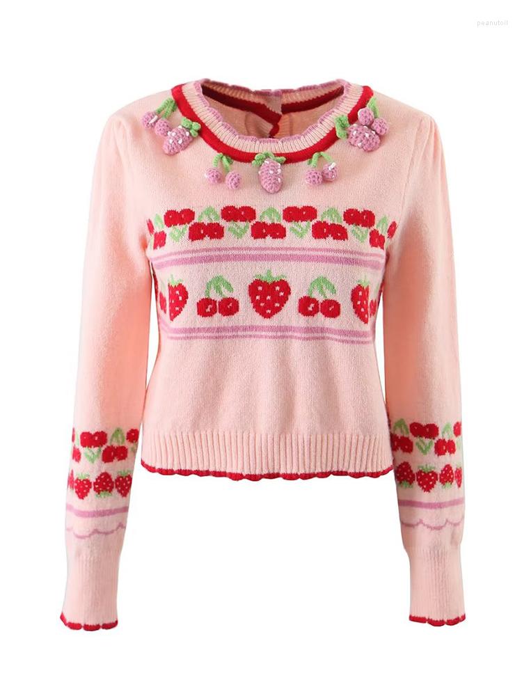 

Women' Sweaters YENKYE Fashion Women Sweet Pink Strawberry Cherry Thin Knit Sweater O Neck Long Sleeve Female Crop Pullover Autumn Tops