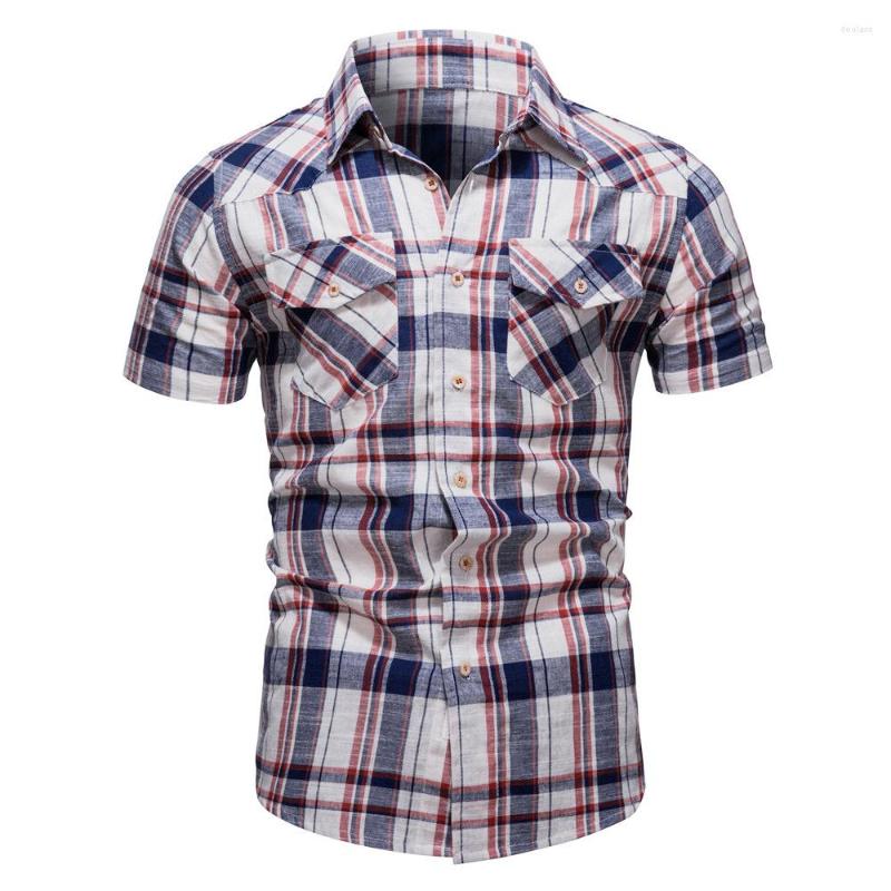 

Men's Casual Shirts 2023 Cotton Plaid Shirt Men Fashion Brand Quality Short Sleeve Checkered Man Social Business Summer Clothing, Yellow