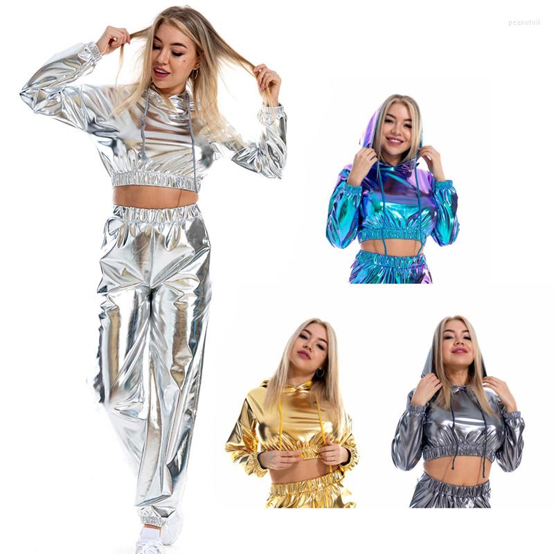

Women's Hoodies Women Laser Holographic Crop Top Sexy Long Sleeve Hoodie Metallic Solid Casual Motion Fashion Streetwear, Laser blue