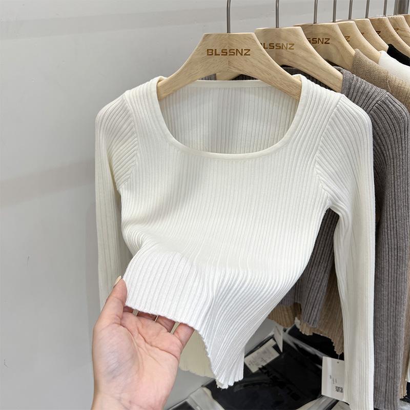 

Women's Sweaters Spring Skinny Minimalist Style Short Sweater Women Slim Long Sleeve Square Neck Bottoming Knitwear Solid Color Korean Basic, Gray