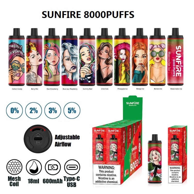 

Authentic Sunfire 8000 Puffs DTL Disposable Vape 18ml Prefilled 600mAh USB Recharge Adjustable Airflow 20mg 30mg 50mg by Aierbota Manufacturer Supply
