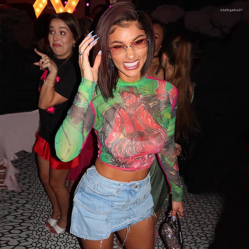

Women' T Shirts Women Long Sleeve Mesh See Through Print Tshirt Streetwear Sexy Casual Crop Tops Tees 2023 Summer Wholesale Items For, Green