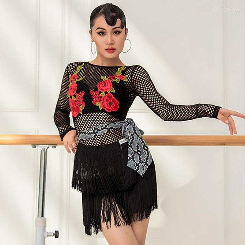 

Stage Wear Sexy Embroidery Net Latin Dance Tops Women Long Sleeves Ballroom Competition Clothing Practice Shirts Salsa Top BL7029, Black tops