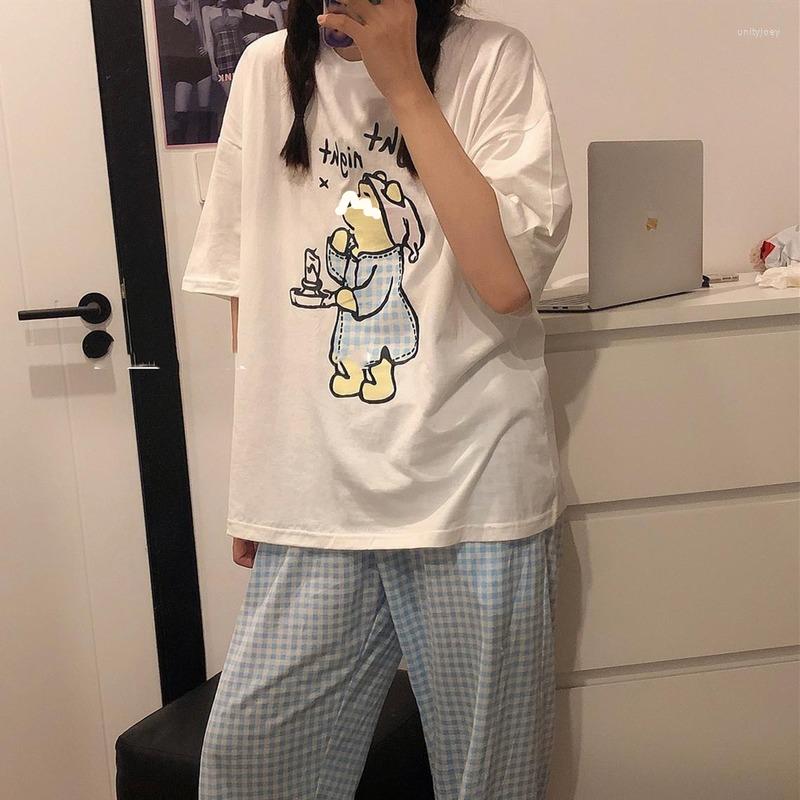 

Women's Sleepwear Plaid Pijama Women Korean Funny Bear Print Pajamas For Girls Summer 2023 Pyjamas Set 2 Piece Short Sleeve Loungewear