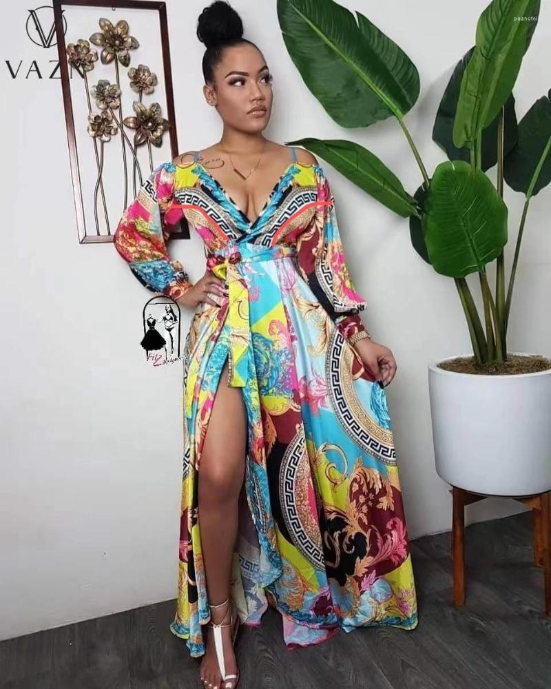 

Casual Dresses VAZN 2023 Long Sleeve Card Shoulder Dress Printed Lady Floor Length Fashion Women Holiday Style, Yellow