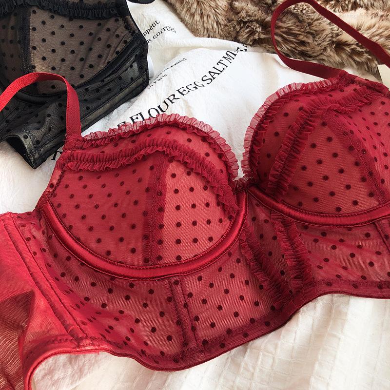 

Bras Polka-dot Mesh Yarn Flying Edge Thin Bra Lengthened Vest Style Bralette Sexy Big Breasts Small Soft Steel Ring Underwear, As picture show