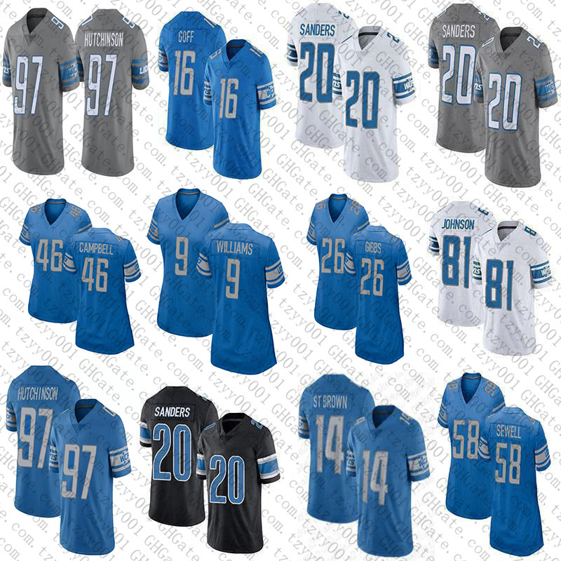 

Custom Aidan Hutchinson Amon Ra St Brown Football Jerseys Jahmyr Gibbs Jack Campbell Jameson Williams Jared Goff Malcolm Rodriguez Barry Sanders David Montgomery, Mens