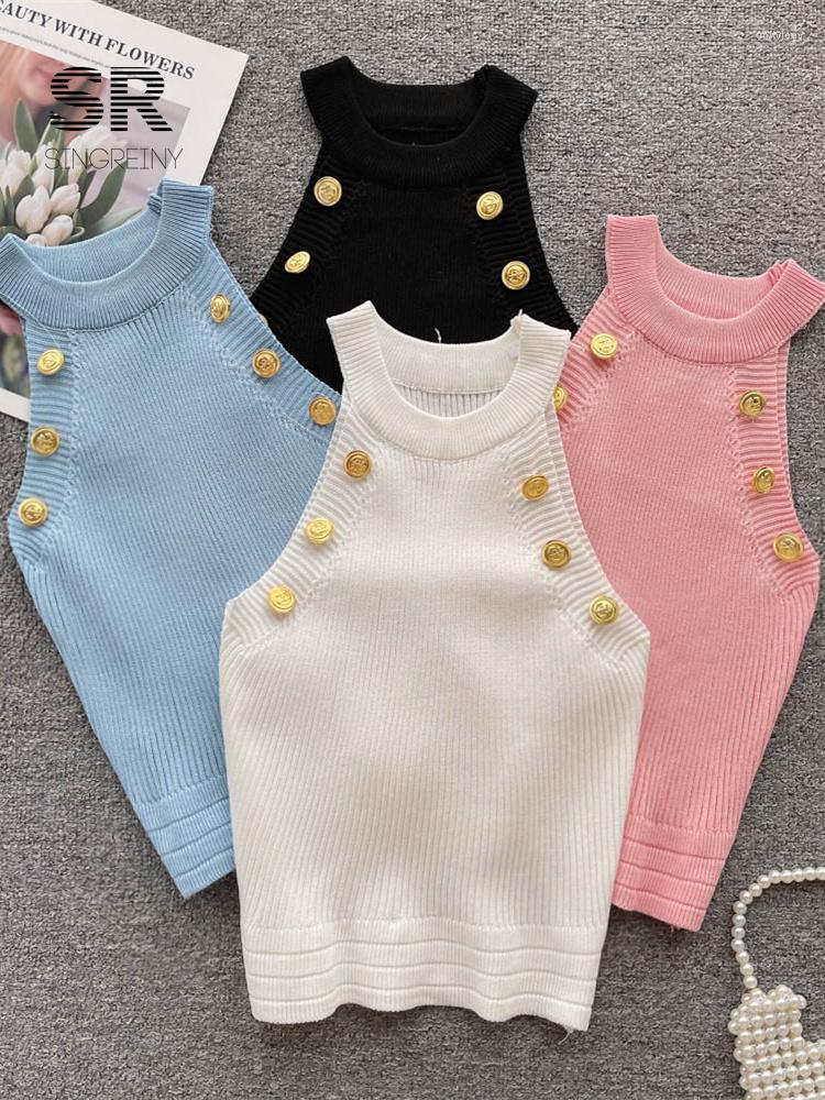 

Women's Tanks SINGREINY Button Sleeveless Knit Tank Top Women O Neck Elastic Waist Elegant Fashion 2023 Ladies Y2K Summer Casual, Blue
