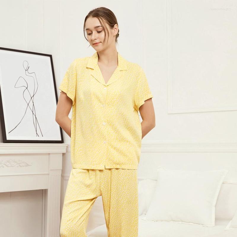 

Women's Sleepwear Yellow Short Sleeve Shirt Pant Lapel Nightwear Cotton Sleep Set Women 2Pcs Loungewear Home Clothing Printing Flowers