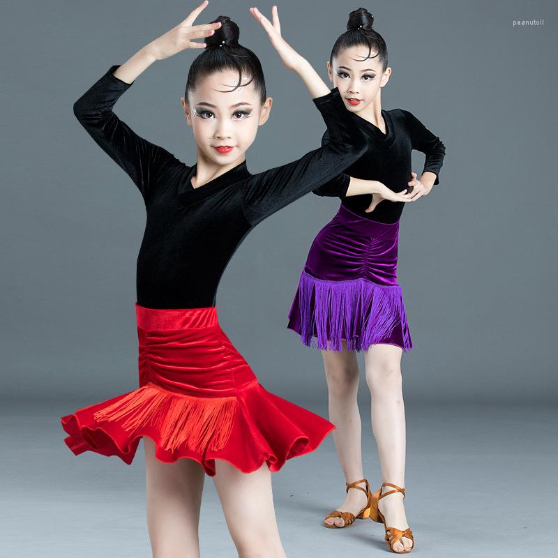 

Stage Wear Latin Dance Dress Girls Autumn Winter Long Sleeves Tassel Children Professional Examination Skirt Practice, Red