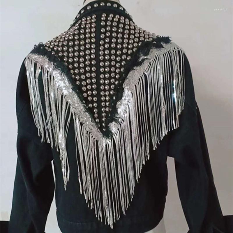 

Women's Jackets Denim Jacket Tassels Sequins Women's Jeans Loose Shimmer Beading Coat Casual Girls Outerwear Veste Femme Streetwear, Black