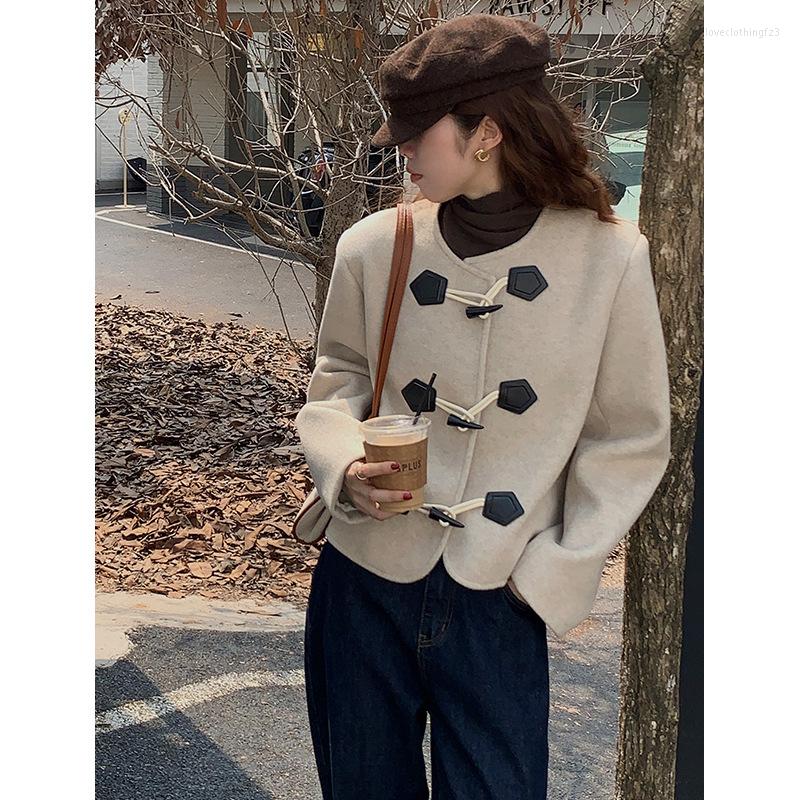 

Women' Jackets Horn Button Short Coats Women Clothing Autumn 2023 Korean Slim England Fashion Outerwear Wool Woolen Vintage, Oatmeal color