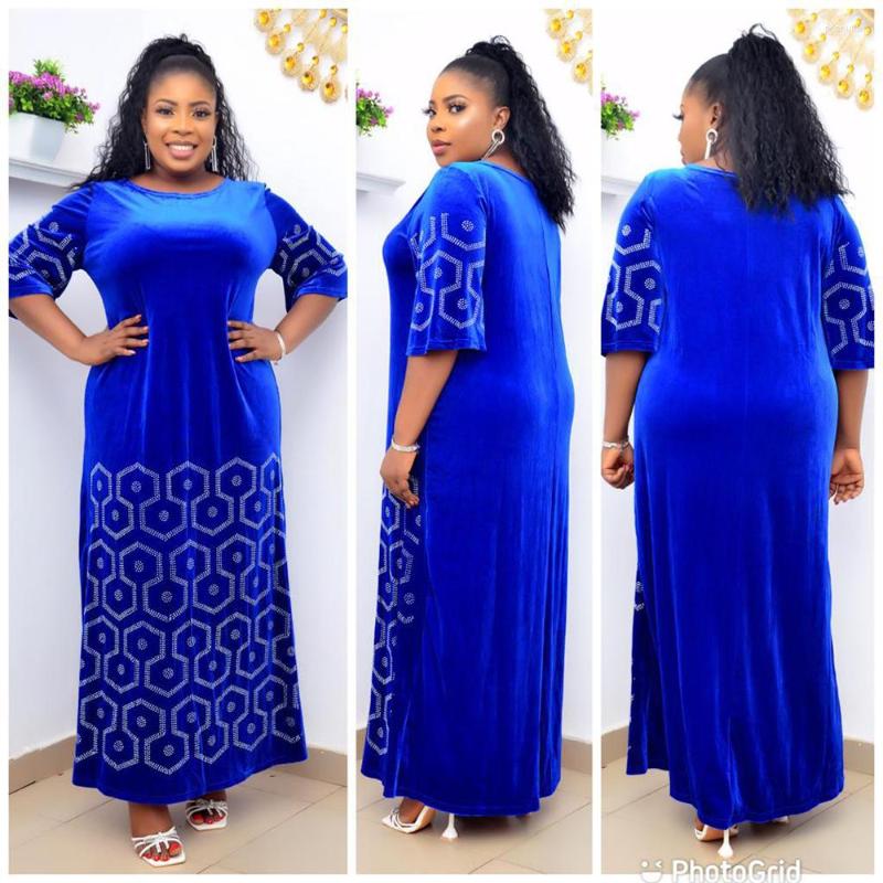 

Ethnic Clothing Velvet African Dresses For Women Solid Blue Diamonds Autumn Casual Femme Robe O-Neck Loose Patchwork Muslim Dress