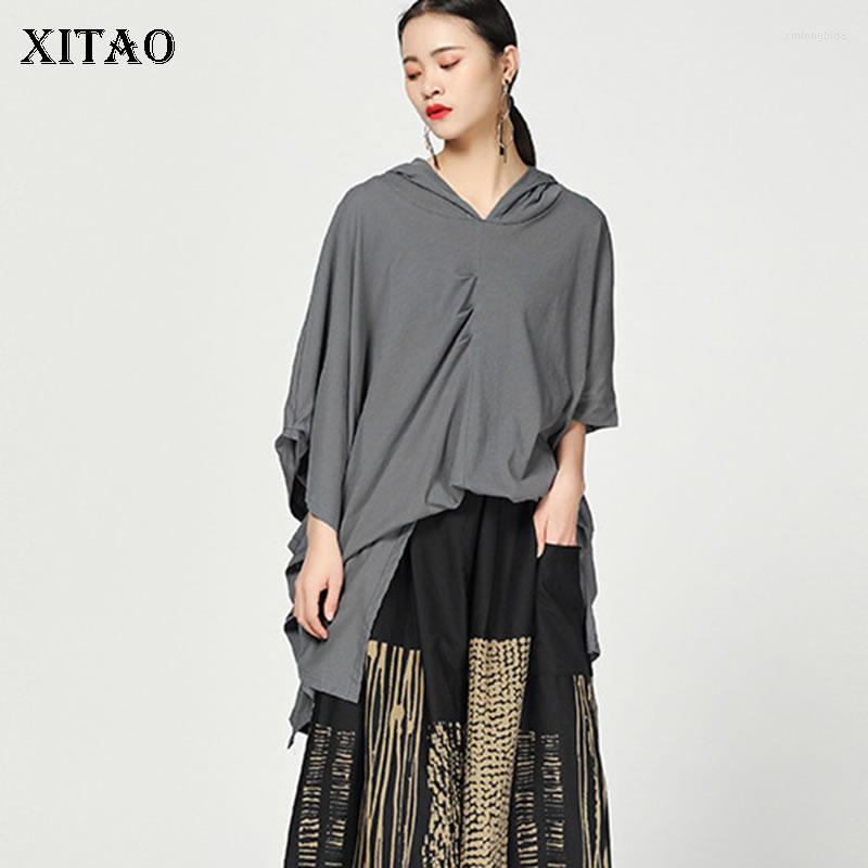 

Women's T Shirts XITAO 2023 Europe Casual Loose Half Solid Color Pullover Hooded Fashion Women Summer Long T-shirt DLL3518, Grey dll3518-c16