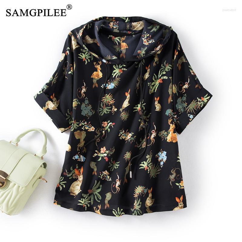 

Women's Blouses Fashion Woman Blouse 2023 Slim Style Printed Hooded Thin Casual Animal Pattern Chiffon Shirt Short Sleeve Women T-shirts 4XL, Black