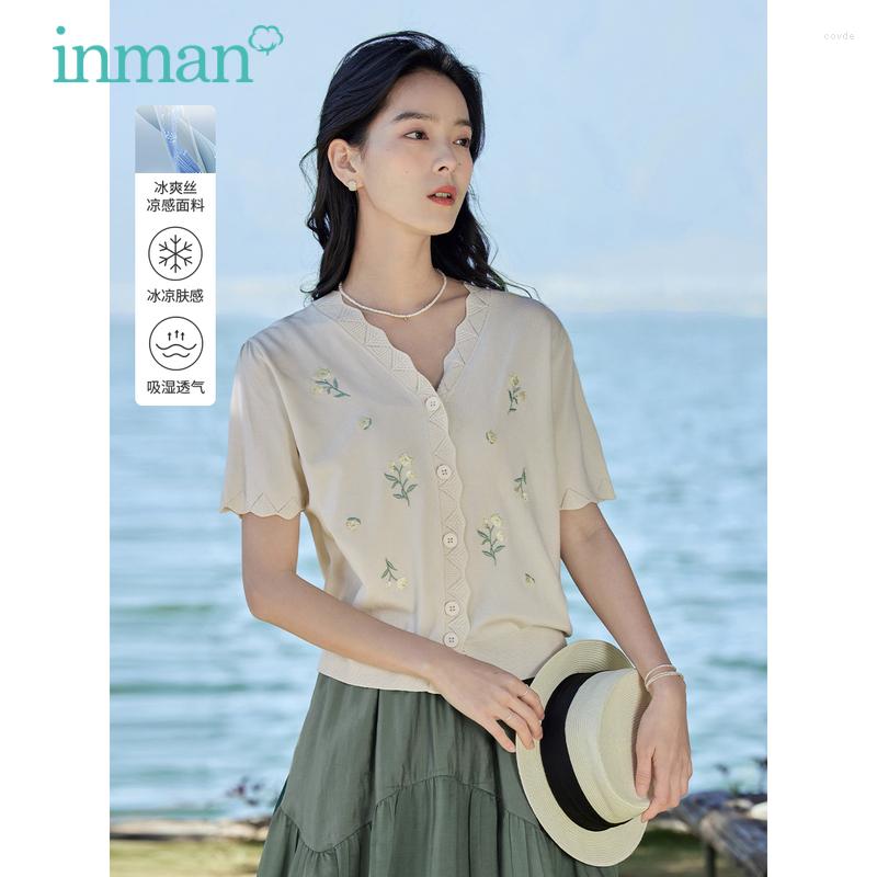 

Women' Knits INMAN Women Knit Cardigan 2023 Summer Short Sleeve Wave V-neck Stretch Loose Tshirt Flower Embroidery Breathable Sweater Tops, Light yellow