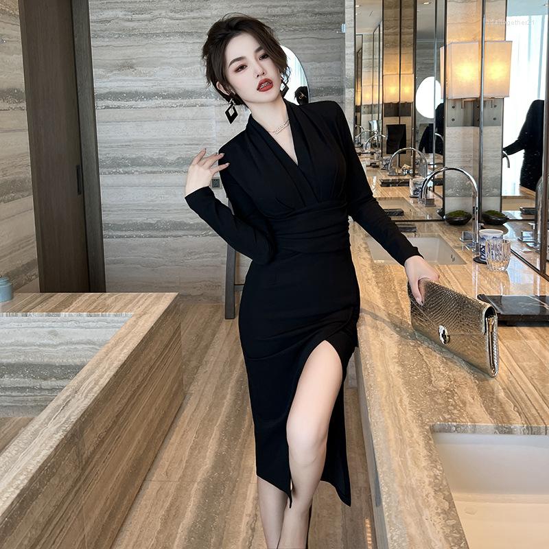 

Casual Dresses 2023 Long Sleeve V Neck Sexy Party Dress Elegant Chic Bodycon Drapde Wrap Ladies High End Women Spring Vestidos, Black
