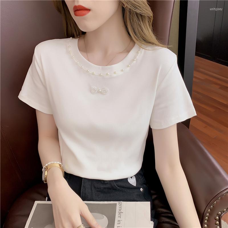 

Women' T Shirts 2023 Summer Black Short-Sleeved T-shirt Bowknot Crystal T-shirts Women' Bottoming Top INS Trendy Beaded Pure Cotton