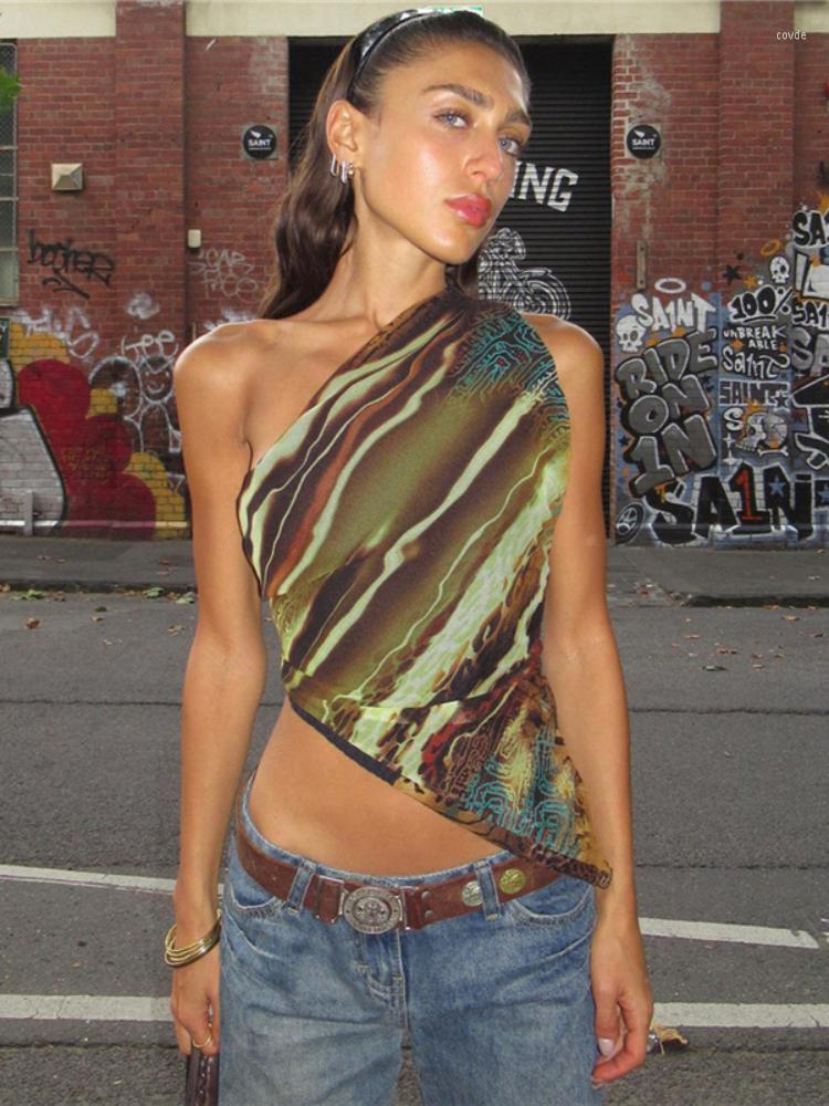 

Women' Tanks Abstract Print Tank Tops Y2k Tees Summer Clothing For Women 2023 Trendy Sexy Asymmetric One Shoulder Crop Top C83-11, Green