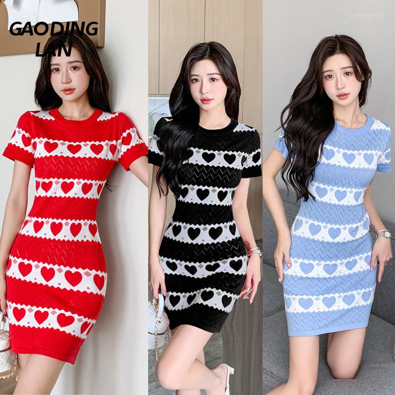 

Casual Dresses Gaodinglan Summer Slim Fit A Line High Waist Knit For Women Versatile Sweet Love Print Lady Short Sleeve Jersey, Sky blue