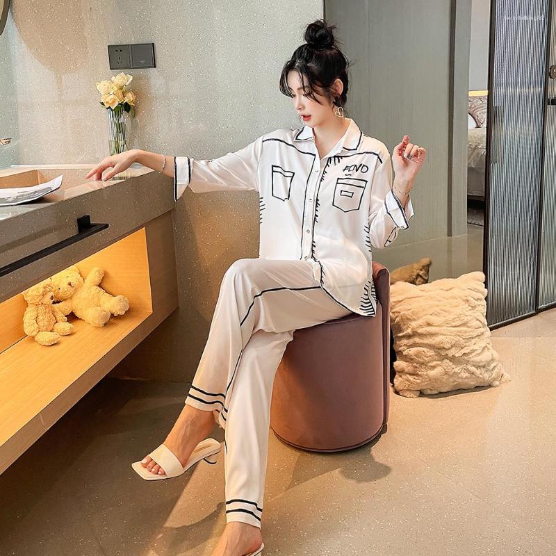 

Women's Sleepwear Ice Silk Long-sleeved Pajamas Set For Women Sketch Black White Casual Autumn And Winter Homewear Service Suit, 1 set