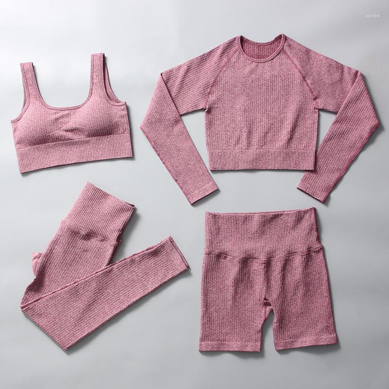 

Active Sets Four Piece Women Workout Clothes Sports Suit Gym Tight-fitting Female Spot High-waist Hip-lifting Threaded Running Set Home, Brown a
