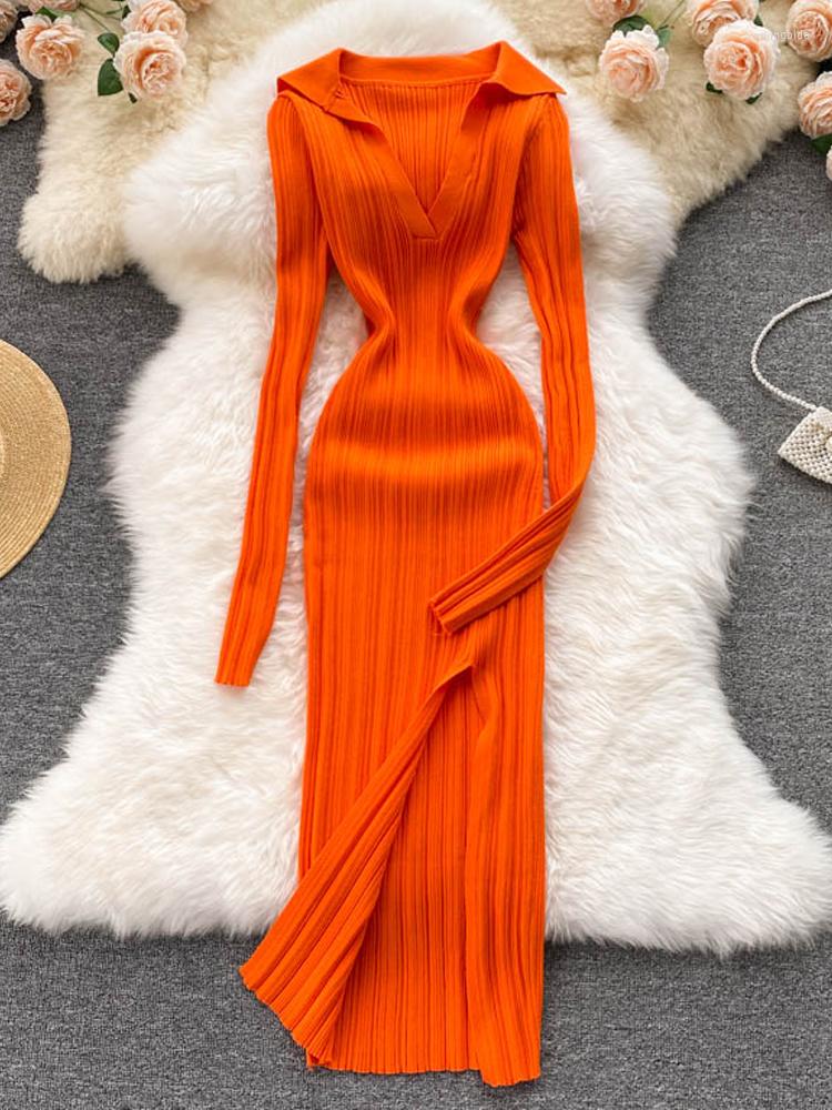 

Casual Dresses YuooMuoo Fashion Y2K Split Fancy Women Dress 2023 Autumn Long Sleeve Slim Elastic Wrap Hips Knitted Korean Party Vestidos, Black