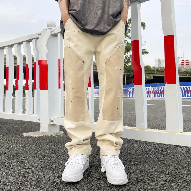 

Men's Pants Hip Hop Khaki Cashew Flower Straight Leg Overalls Ink Splashing Stitching Canvas Trousers Retro Cargo Men