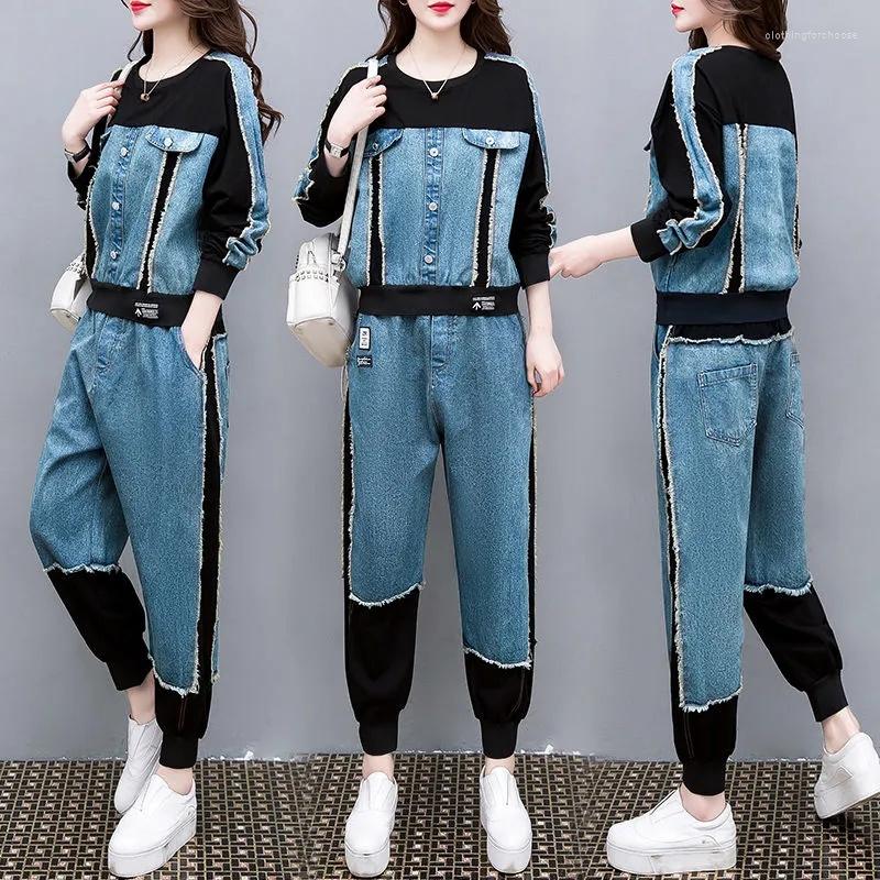

Women's Two Piece Pants Women's 2023 Spring And Autumn Harlan Denim Set Long Sleeve Casual Sports Sweatershirt For Female, Picture color