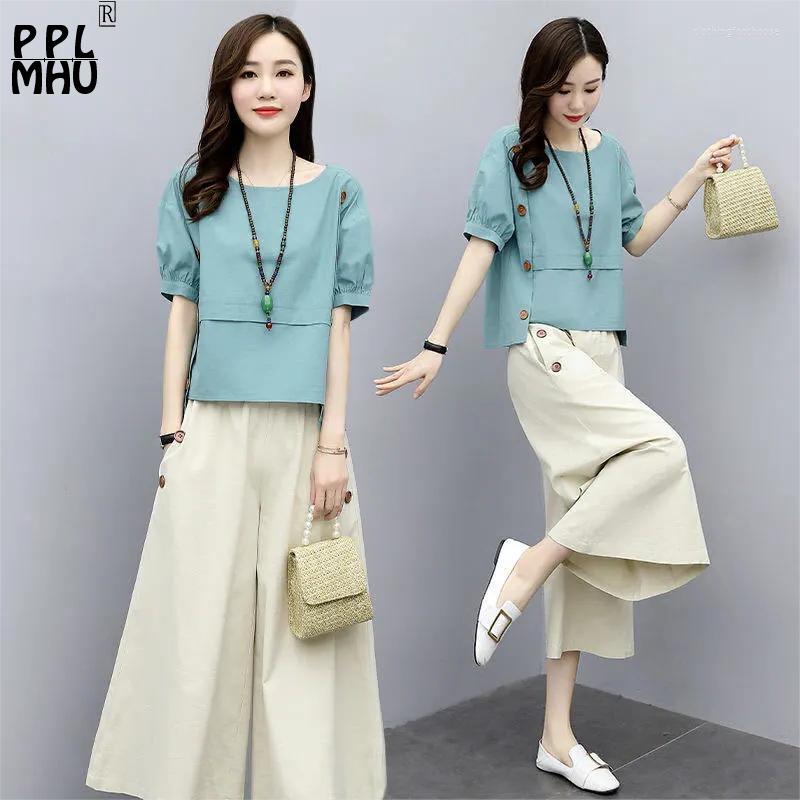 

Women's Two Piece Pants Vintage Summer 2 Set Women Cotton And Linen Casual Ankle Length Wide Leg Ethnic Style Short Sleeved Tops Suit, Yellow blue