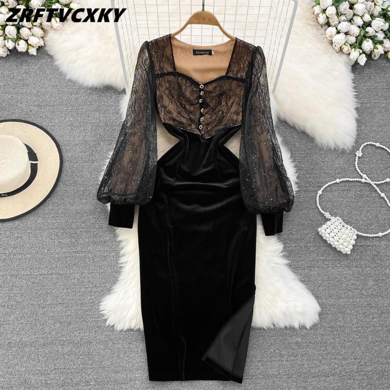 

Casual Dresses Elegant Luxury Sequins Lace Splicing Velvet Women' V-Neck Long Sleeve Beaded Buttons Split Office OL Bodycon Vestidos, Picture color