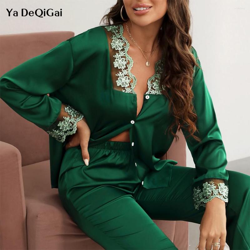 

Women' Sleepwear Wholesale Women' Pajamas Set Fashion Design Lace Solid Color Silk Like Home Clothes Nightwear Suit Woman 2 Pieces, Black