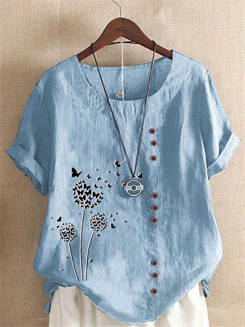 

Women's Blouses Elegant Dandelion Print Cotton Linen Shirt Summer Women Casual Short Sleeved O-Neck Button Flower Pullover Top Fashion, Light purple