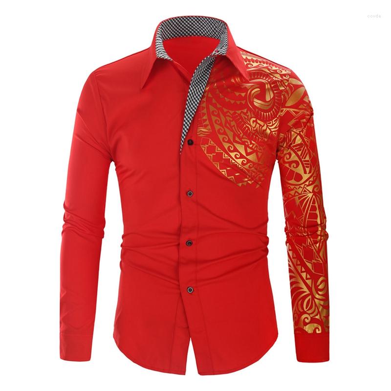 

Men' Casual Shirts 2023 Men' Luxury Gold Stamp Print Long Sleeve Shirt Business Dress Black Handsome Mens Prom Social For Men, Red