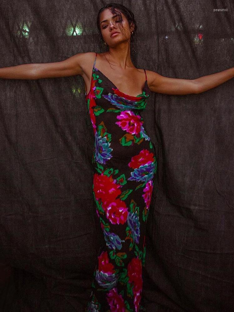 

Casual Dresses Summer Holiday Beach Long Women Fashion Draped V Neck Floral Printed Bohemian Backless Bodycon Slip Dress, Color 2