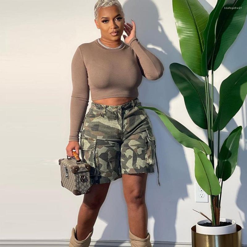 

Women' Shorts Echoine Big Pocket Hight Waist Camo Denim Y2K Streetwear Women Casual Fashion Jeans Camouflage Short Pants, Army green