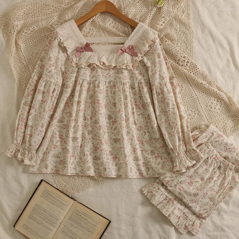 

Women's Sleepwear Women Spring Cotton Long-sleeved Cute Printed Pajamas Lace Square Collar Retro Pastoral Style Trousers Loungewear 2pcs, Beige