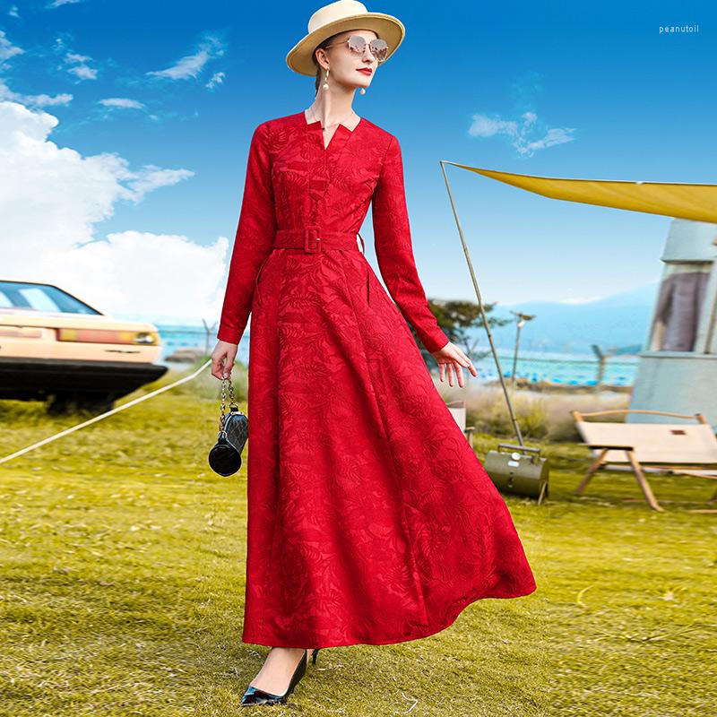 

Casual Dresses Spring Autumn Jacquard Dress Year Evening For Women Luxury Party Clothing Ball Gown Red With Belt Slim Waist
