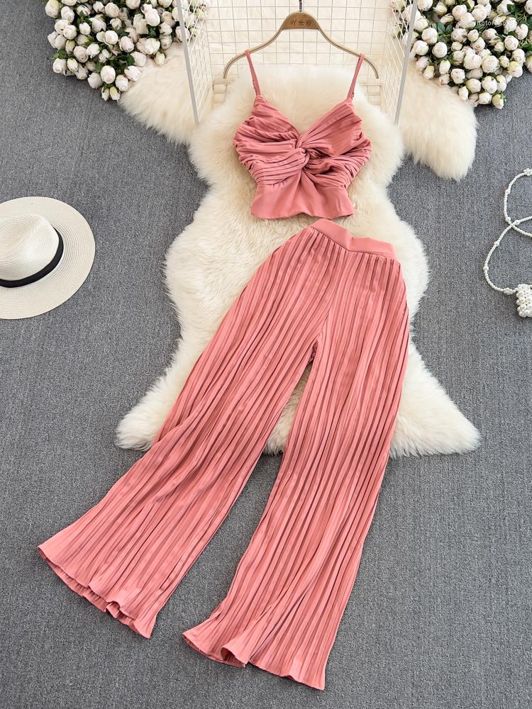 

Women's Two Piece Pants Women Summer Pant Sets Spicy Girl V-Neck Twisted Strap Tank Top Casual High Waist Slim Pleated Wide Leg D3240, Purple