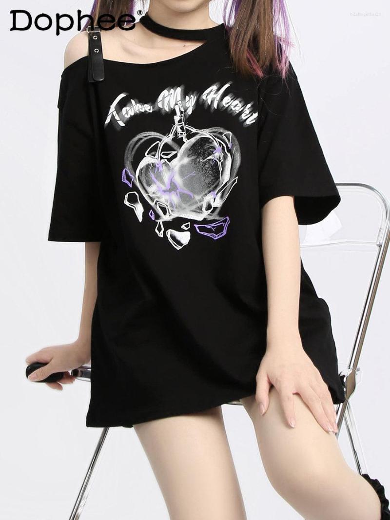 

Women's T Shirts Hepburn Japanese Style Halterneck Suspenders Off-Shoulder Asymmetric T-shirt Top 2023 Summer Cool Black Graphic Shirt