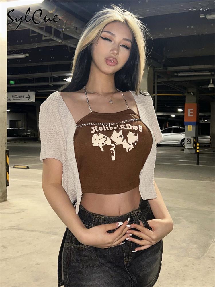 

Women' T Shirts Sylcue Sweet Cute Cartoon Print Design Trendy All-match Casual Youth Girls Summer Travel Cool Women' Top Two-piece Set, Auburn