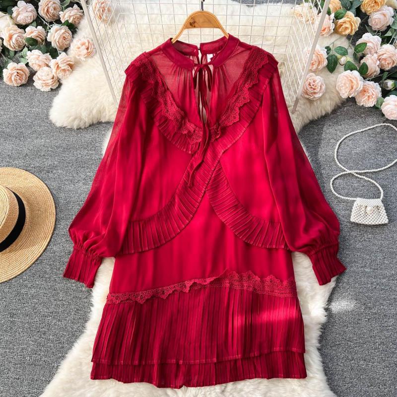 

Casual Dresses French Chic O Neck Y2K Ruffles Dress Woman Chiffon Loose Fit Midi Women Full Lantern Sleeve Spring Clothes Drop, Black