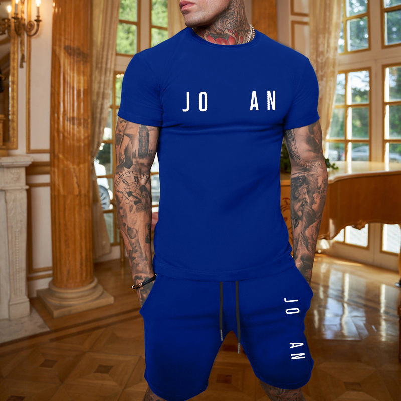 

Summer Tracksuit Men's Short Sleeve T-Shirt+Shorts 2 Piece Set Sports Suit Men Letter Print Solid Color Gyms Fitness Sportswear Male, 11